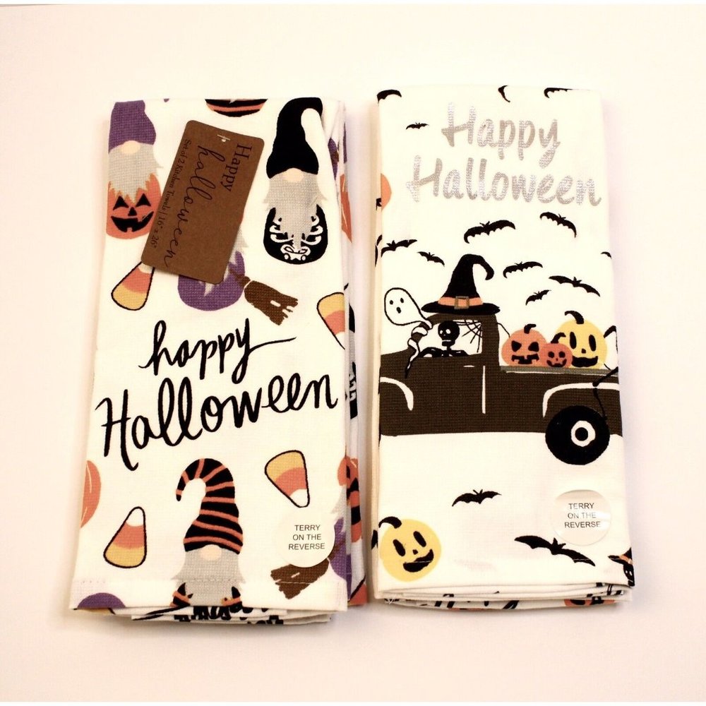 2 Happy Halloween Kitchen Towels: 2- Gnomes & 2- Pickup/Pumpkins